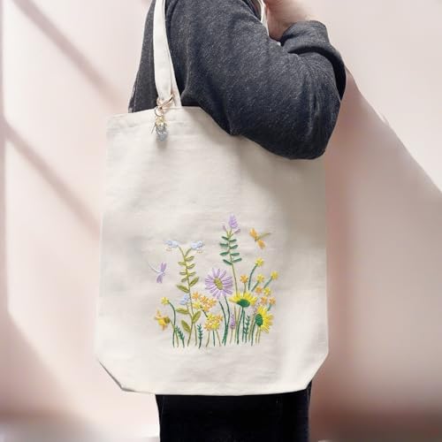 Image of Speedura Embroidery Kit for Beginners - Dual Canvas Tote Bags with Floral Cross Stitch Patterns | Complete Needlepoint Set Includes Hoops, Threads & Step-by-Step Video Tutorial (Beige & Blue Set)