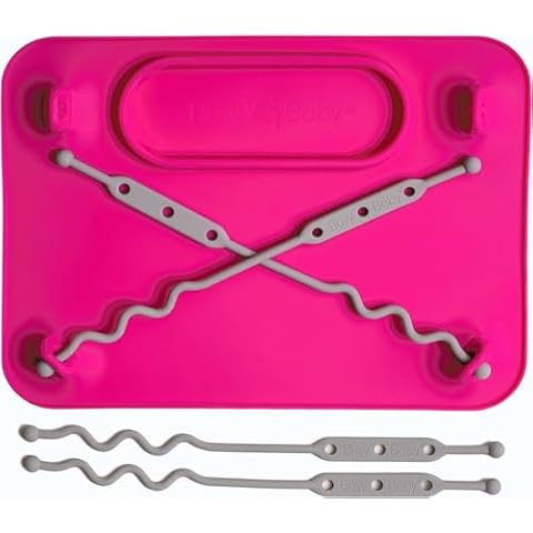 BUSY BABY Silicone Mat - Suction Cups, 4 Straps to Secure Baby Essentials, Self Feeding, Baby Led Weaning, Travel Sleeve Included (Pink) Cover