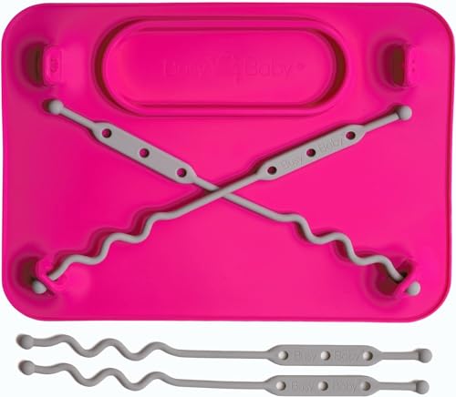 Image of BUSY BABY Silicone Mat - Suction Cups, 4 Straps to Secure Baby Essentials, Self Feeding, Baby Led Weaning, Travel Sleeve Included (Pink)