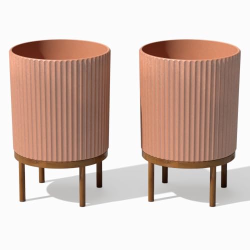 Image of Veradek Demi Series Raised Planter - Round Planter with Stand | Made From a Durable Plastic-Stone Composite & Comes With Wooden Stand. Modern Porch /Patio Decor