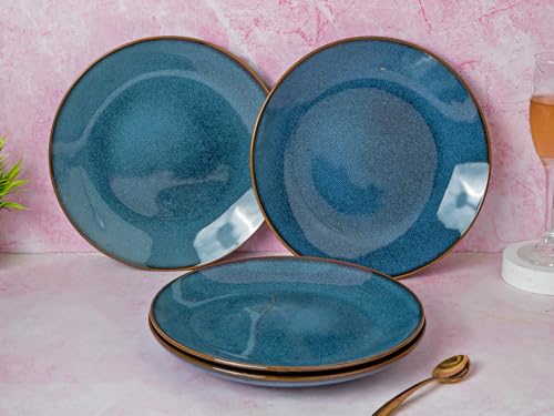 Image of Reactive Handpainted Premium Ceramic 4 Small Plates | Quarter Plates | Stoneware | Microwave and Dishwasher Safe | Pack of 4 | Greenish Blue