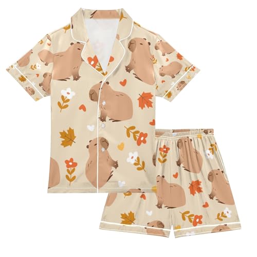 senya Funny Capybara Daisy Satin Summer Pajama Sets Silk Short Sleeve Button Down Sleepwear