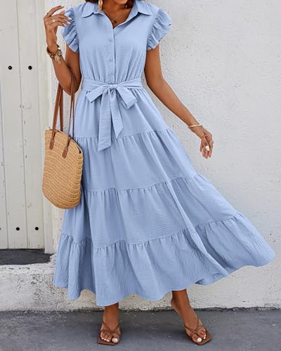 dowerme Ladies Dress 2025 Ruffle Cap Sleeve Button Down V Neck Tie Waist Plain Pleated Tiered Boho Flowy A-Line Dresses(Sky Blue,XX-Large) — view 3
