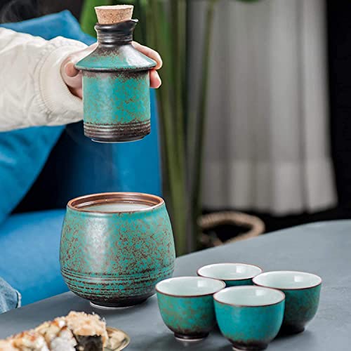 Ceramiczny japoński zestaw do sake z podgrzewaczem – zawiera 4 szklanki do sake, butelkę do serwowania i miskę grzewczą do codziennych napojów