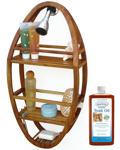 Image of AquaTeak Patented Moa Oval Teak Shower Organizer Premium Teak Oil