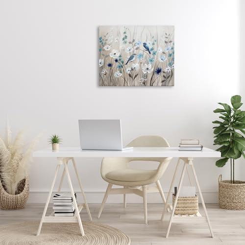 Image of Stupell Industries Birds Floral Meadow Blue White Blossoms, Design by Nan,Beige | Stupell Industries . By Nan . Ready to hang . Nature inspired decor . Made in USA