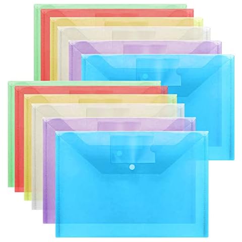12Pcs Plastic Wallets,A4 Document Folder Foolscap Document Files Popper Wallet Envelope Folders with Pocket&Button,Red/Yellow/Green/Blue/Purple/Clear Plastic Folders Wallets for School Office Supplies Cover