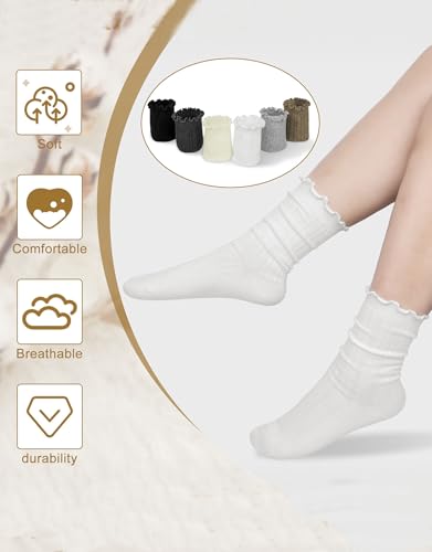 Loritta 6 Pairs Womens Ruffle Socks Cute Frilly Cotton Turn Cuff Casual Crew Slouchy Socks for Women4