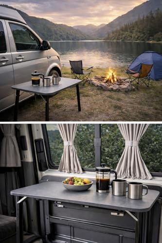 Panneau de porte coulissante avec table de camping intégrée pour VW T5, T6, T6.1, solution d'aménagement intérieur gain de place, table robuste et résistante aux intempéries, installation sans perçage