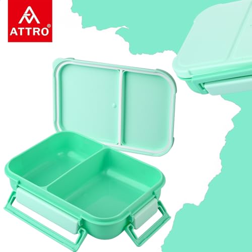 Image of ATTRO Gourmet 2 Compartment Lunch Box Portable Meal Organizer for Office, School BPA-Free, Food Grade, Freezersafe, Microwave & Oven Safe 1200ml Mint Green, Plastic