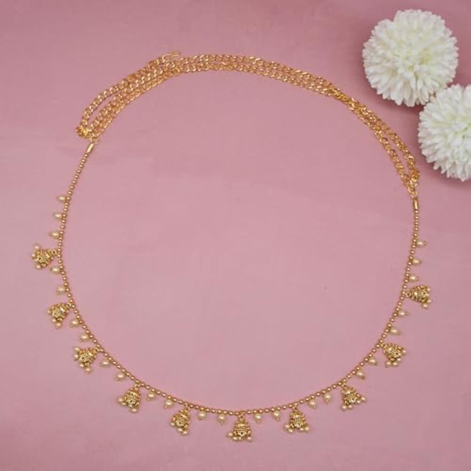 Women's Traditional Golden Beads Waist Chain with Pearl Drops