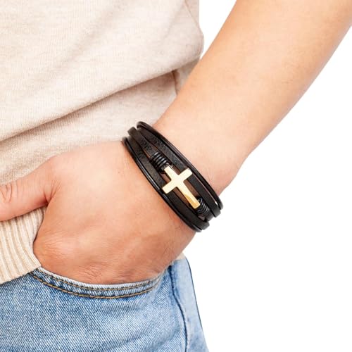 Bracelet en cuir tressé pour homme - Le cadeau idéal et accessoire double croix - 7