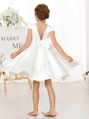 MCieloLuna Glossy Satin Flower Girl Dress V-Back Toddler Girls Wedding Party Pearls First Communion Dresses with Bow3