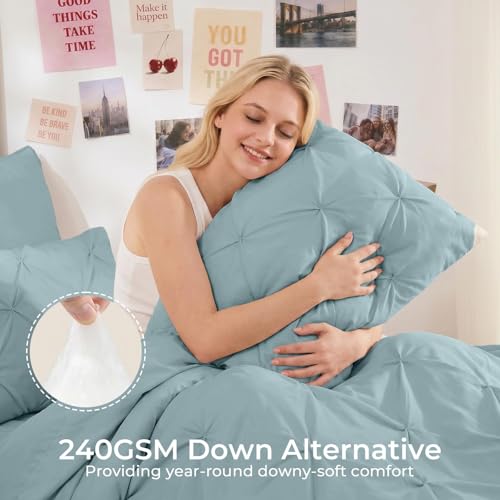 Image of Sasttie Twin Comforter Set, 5-Piece Bed in a Bag, Pintuck Bedding Sets for All Season, Includes Comforter, Flat Sheet, Fitted Sheet, Pillowcase and Pillowsham, Greylish Blue