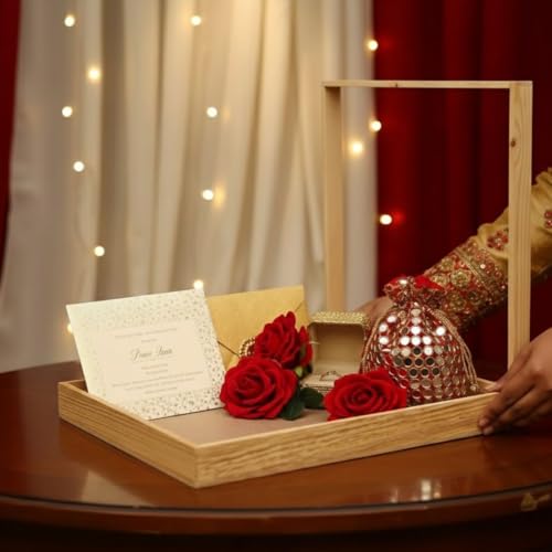 Image of SATYAM KRAFT 1 Set(2 Pcs)Trousseau Pinewood Attractive Rectangular Decorative Tray for Wedding /Shaadi Gift Hampers,Engagement,Saree Clothes Packing,Dry Fruit,Brown