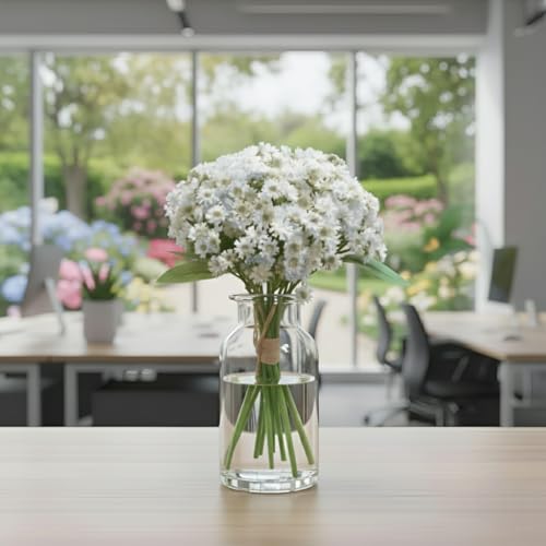 Image of Artificial Baby Breath White Flower Bouquet - 12 Stems, 28cm Height Faux Bunch with Green Leaves for Home, Office, Wedding & Party Decoration