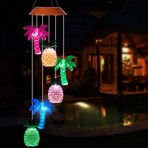 Solar Coconut Tree Pineapple LED Wind Chimes Outdoor - Waterproof Solar Powered Changing Light Color Trees Pineapples Mobile Romantic Wind-Bell for Home, Party, Festival Decor, Night Garden Decoration