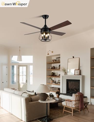 Image of Dawn Whisper 52 Inch Rustic Farmhouse Ceiling Fans with Lights and Remote Quiet and Reversible DC Motor Black Industrial Caged Ceiling Fan for Bedroom Living Room