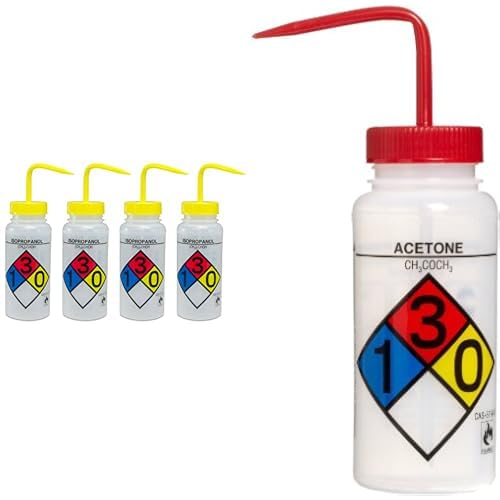 SP Bel-Art Safety-Labeled 4-Color Isopropanol Wide-Mouth Wash Bottles 500ml (Pack of 4) with SP Bel-Art Safety-Labeled 4-Color Acetone Wide-Mouth Wash Bottles 500ml (Pack of 4) (2 Items)