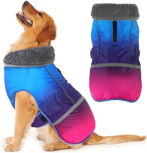 Dogcheer Warm Dog Coat, Waterproof Dog Winter Jacket Christmas Puppy Cold Weather Coats with Buckle, Reflective Adjustable Pet Snow Jacket for Small Medium Large Dogs - Gradient Blue-red, 3XL