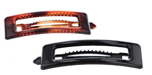 Ellas Women's Classic 100% Plastic 3" Long Hair Barrette, (2 Pcs.) (Black, Faux Tortoise Rectangle)
