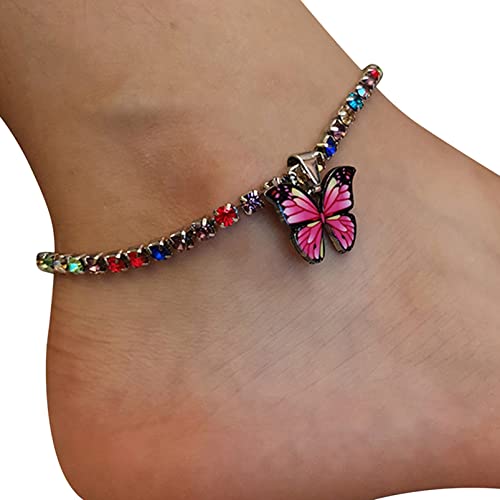 Junyy Dainty Rhinestone Butterfly Pendant Anklet Bracelets Summer Boho Beach Women Girls Tennis Anklet Foot Chain(Style 3) #TOP25