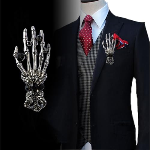 Image of Gothic Halloween Skull Hand Brooch Pin for Women Men Punk Vintage Crystal Skeleton Tassel Chain Lapel Pins Dark Skull Brooches Sweater Suit Accessory