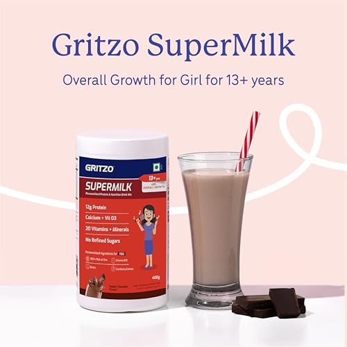 Gritzo SuperMilk Overall Growth (13+y Girls), 12g Protein Powder (Double Chocolate, 400g) | Zero Refined Sugar, 20 Vitamins & Minerals