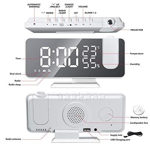 Mightree Projection Alarm Clock For Bedroom, Digital Alarm Clock With Usb Charger, 7.4" Large Led Mirror Display Radio Alarm Clock, Dual Smart Alarm With Projection On Ceiling, White #TOP4