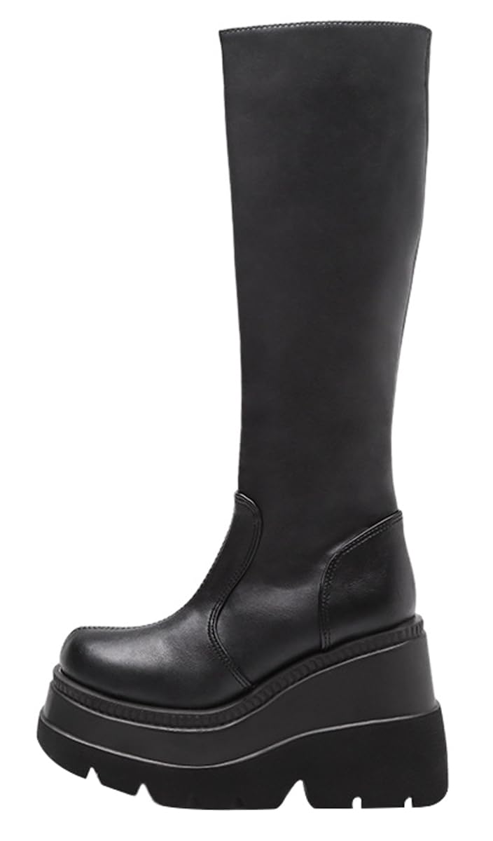 Womens Punk Heels Boots Party Costume Booties Chunky-soled Plus-size Knee High Goth Platform Buckle Boots