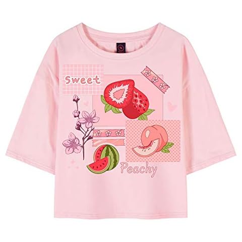 KEEVICI 90s Japanese Strawberry Milk Crop Top Cotton Pink T Shirts for Teen Girls (Pink3,S,) Cover