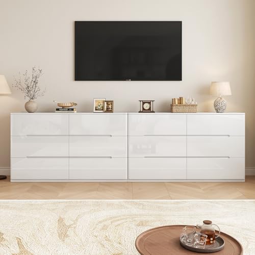 Image of White Wood Dresser, 6 Drawer Dressers for Clothes Storage for Bedroom, Modern Dresser with Wide Drawers, Wide Wooden Chest Drawers for Living Room, Entryway, TV Stand