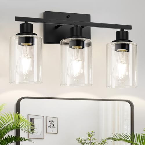 Image of MOKATNG 3-Light Bathroom Light Fixtures, Vanity Light with Clear Glass Shades, Matte Black Bathroom Light Fixtures Over Mirror, Modern Bathroom Wall Lamp for Mirror Living Room Cabinet Bedroom
