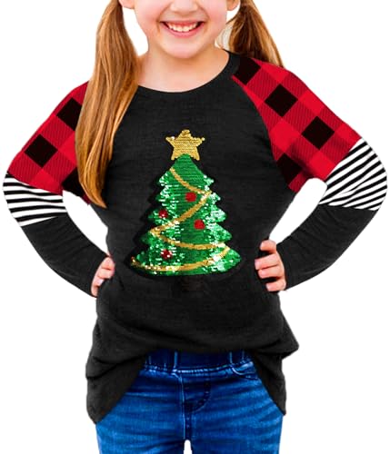 Image of BesserBay Girls Christmas Raglan Shirt Casual Leopard Stripe Patchwork Tunic Top 4-14 Years