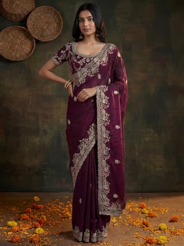 Image of SIRIL Women's Tissue Silk Scalloped Border Embroidery Saree with Unstitched Blouse Piece