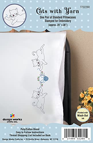 Image of Cats with Yarn Stamped for Embroidery Pillowcases - Set of 2