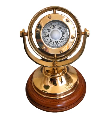 Brújula NauticalMart de latón con cardán de 5'' con base, brújula direccional funcional náutica, decoración vintage para el hogar