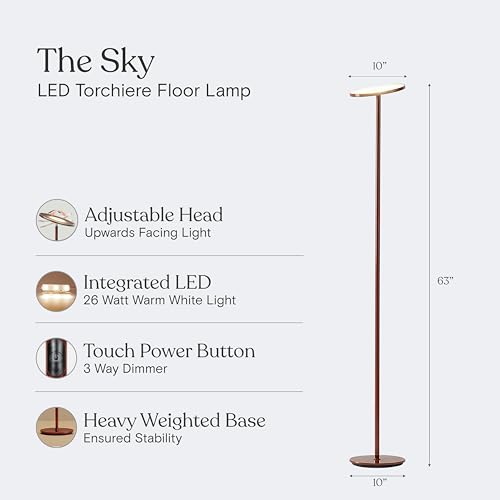 Image of Brightech Sky LED Floor lamp, Torchiere Super Bright Floor Lamp for Living Room Decor & Office - Dimmable, Tall Standing Lamp with Warm Light for Bedroom & Reading - Red