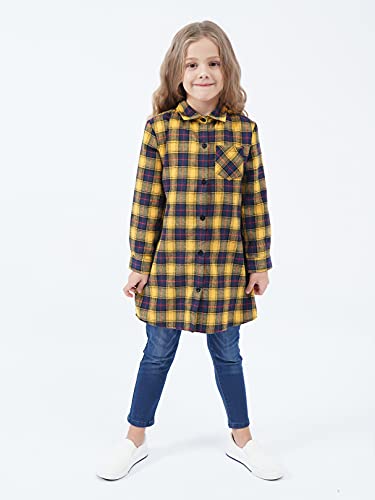 Girls Flannel Shirt Long Sleeve Girls Western Shirt Toddler Plaid Dress Girls Button Down Shirt Yellow Plaid Shirt For Girls 6-7Y #TOP1