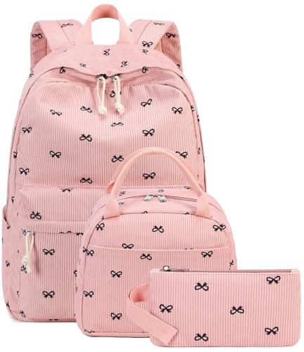 LEDAOU Mochila infantil para meninas com lancheira, conjunto leve de mochila para livros de 8 a 14 anos, Mochila rosa com laço, L, Escola
