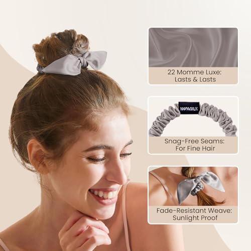 Image of THXSILK 100% Mulberry Silk Bow Scrunchies 3-Pack, 22 Momme Mulberry Silk Hair Ties for Women, Cute Bunny Ear No Damage Ponytail Holders, Fashion Hair Accessories for Girls(S, Grey)