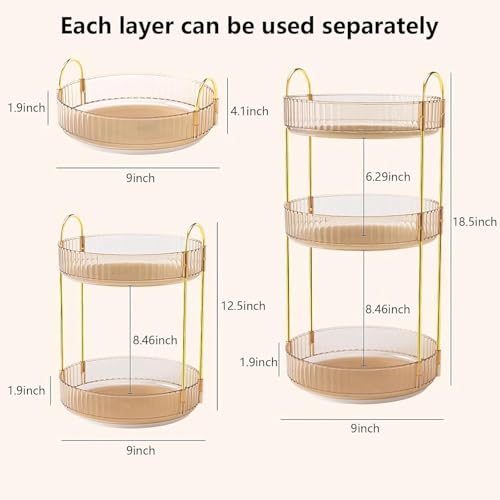 Image of Dravina 360 Rotating Makeup Organizer Rack| 3 Tier Standing Countertop Cosmetic Vanity Tray For Makeup, Skincare|Corner Rack For Bedroom,Bathroom (3 Layer- Amber (Rack) + Gold Rods)