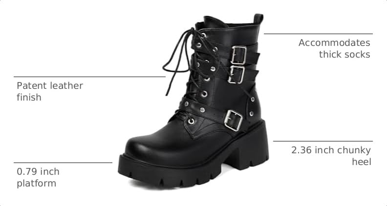 Image of FOREADA Goth Boots Chunky Heel Boot For Women Ankle Combat Booties Black Platform Bootie Buckle Rivets Punk Goth Shoes With Zipper