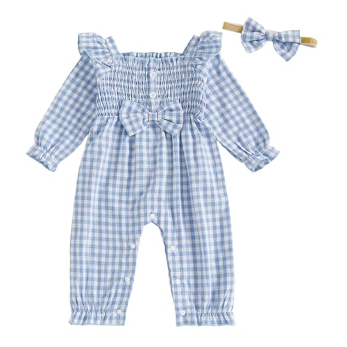 Infant Baby Girl Outfits Long Leg Frill Trim Ruffle One-Piece Jumpsuit Bubble Romper With Bow + Headband