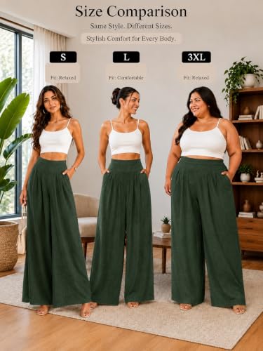 Image of Jawdrobe Women's Pure Cotton Flare Palazzo Pant | Wide Leg Trouser | Casual Office Wear | Relaxed Fit- Semi-Elastic High Waist