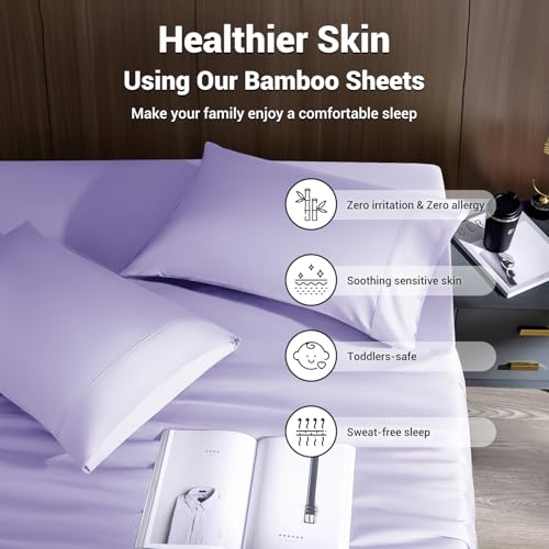 Image of Shilucheng 4 Piece California King Sheet Sets, Cooling Sheets, Blend Rayon Derived from Bamboo, Deep Pocket Up to 16 inch, Breathable & Soft Bed Sheets, Hotel Silky Bedding Set, Lavender