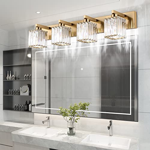 Image of Aipsun Bathroom Lighting Fixtures Modern Crystal Vanity Light Brass 4 Light Bathroom Vanity Light (Exclude Bulb)