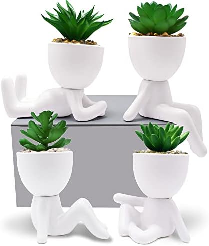 4 PCS Artificial Succulent Plants with Creative Ceramic Human Figure Planter Pot, Mini Potted Planter Succulent Decor for Desktop Office Bedroom Table (Ceramic White)