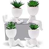 4 PCS Artificial Succulent Plants with Creative Ceramic Human Figure Planter Pot, Mini Potted Plante