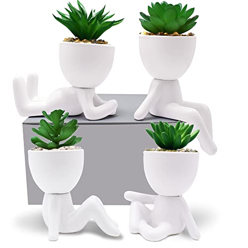 4 Pcs Artificial Succulent Plants With Creative Ceramic Human Figure Planter Pot, Mini Potted Planter Succulent Decor For Desktop Office Bedroom Table (Ceramic White) #TOP2